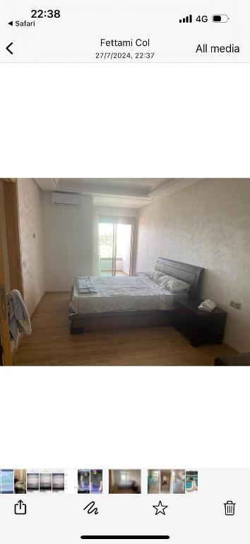 two pictures of a bedroom with a bed in it at Garden paradise apartement Bouznika in Bouznika