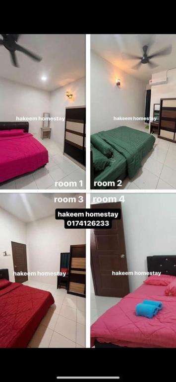 a collage of four pictures of a bedroom at Hakeem Homestay in Pokok Sena