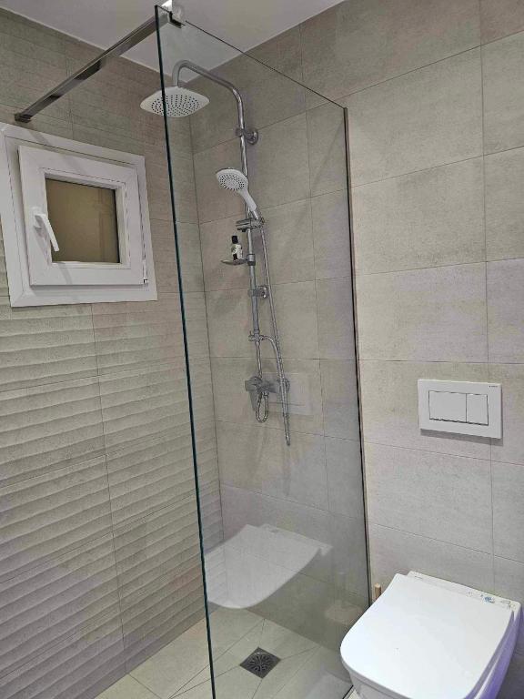 a bathroom with a glass shower with a toilet at Guarantee to make you say wow! in Athens