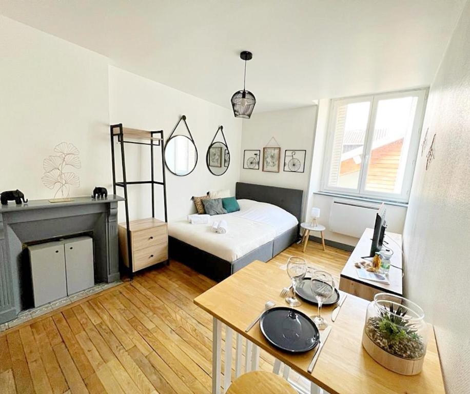 une chambre avec un lit et un bureau dans l'établissement Les Jours Calmes, studio chaleureux, à Limoges