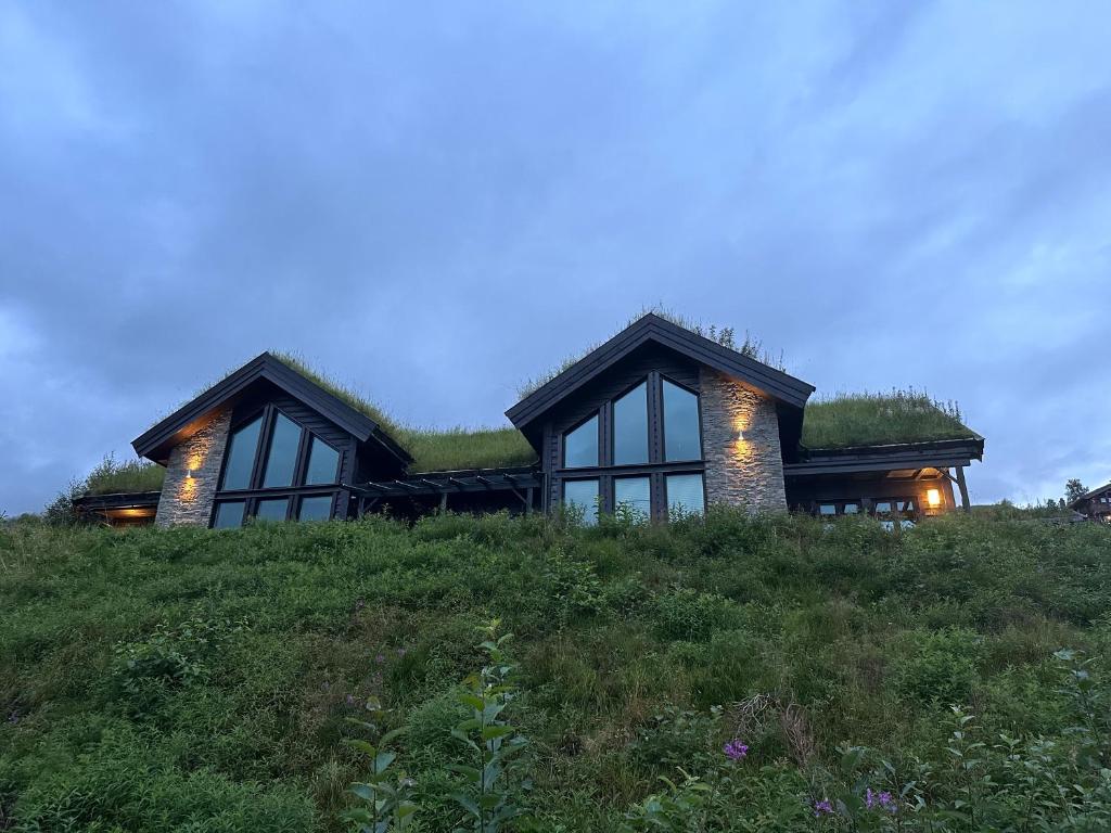 a house with a grass roof on top of a hill at Myrkdalen Lodge II, luxury family cabin in Helgatun