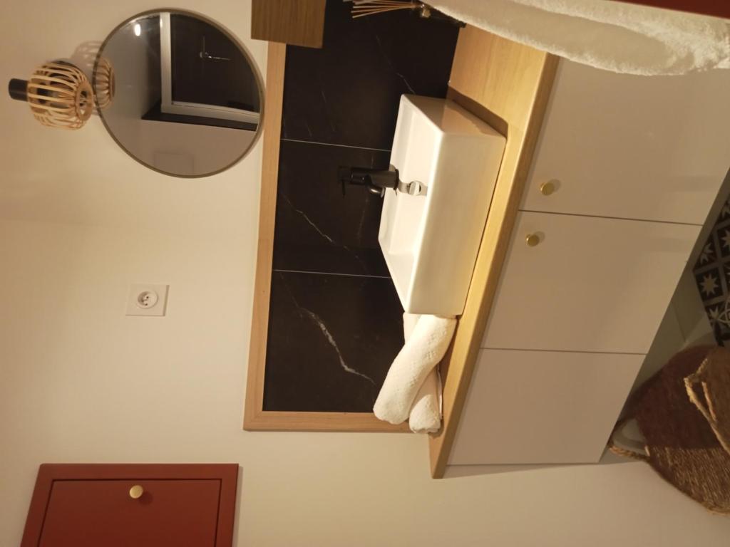 La salle de bains est pourvue d'un miroir et d'un distributeur de serviettes. dans l'établissement Le local atypique, à Étables