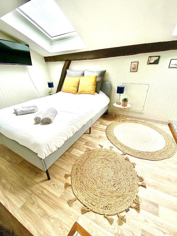 une chambre avec un grand lit et un tapis dans l'établissement Le Barny studio cocooning en hyper centre, à Limoges