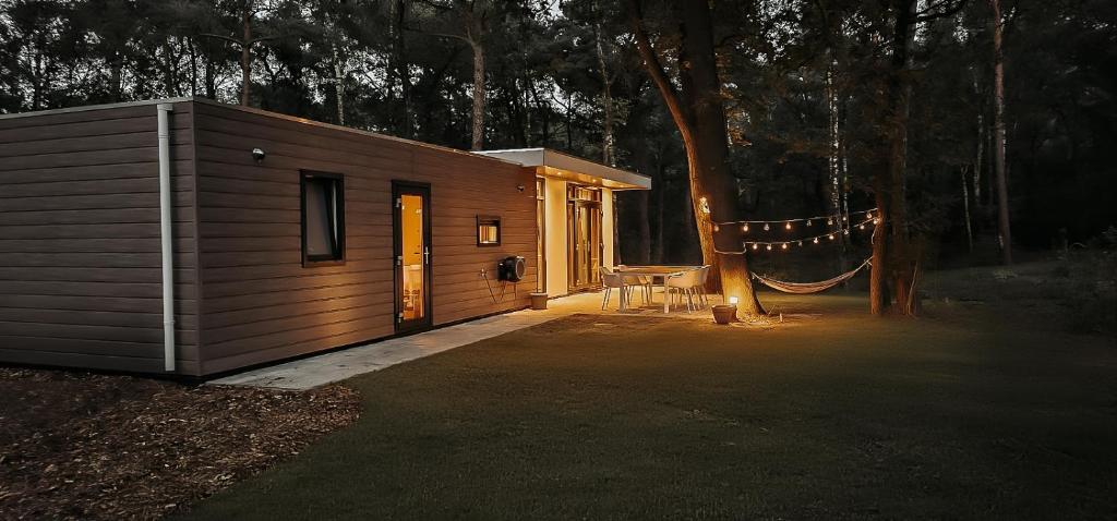 a small cabin in the woods with a hammock at Elly's Broekhuisje in Haarle