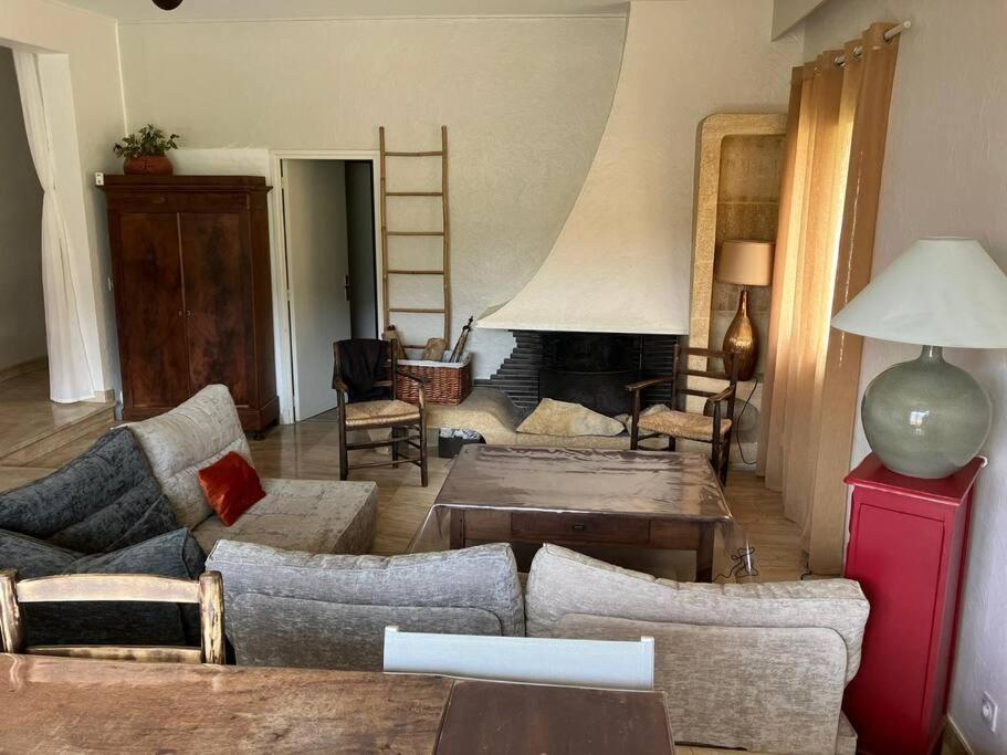 un salon avec un canapé et une cheminée dans l'établissement Belle maison familiale à Millau pour sportifs, à Millau