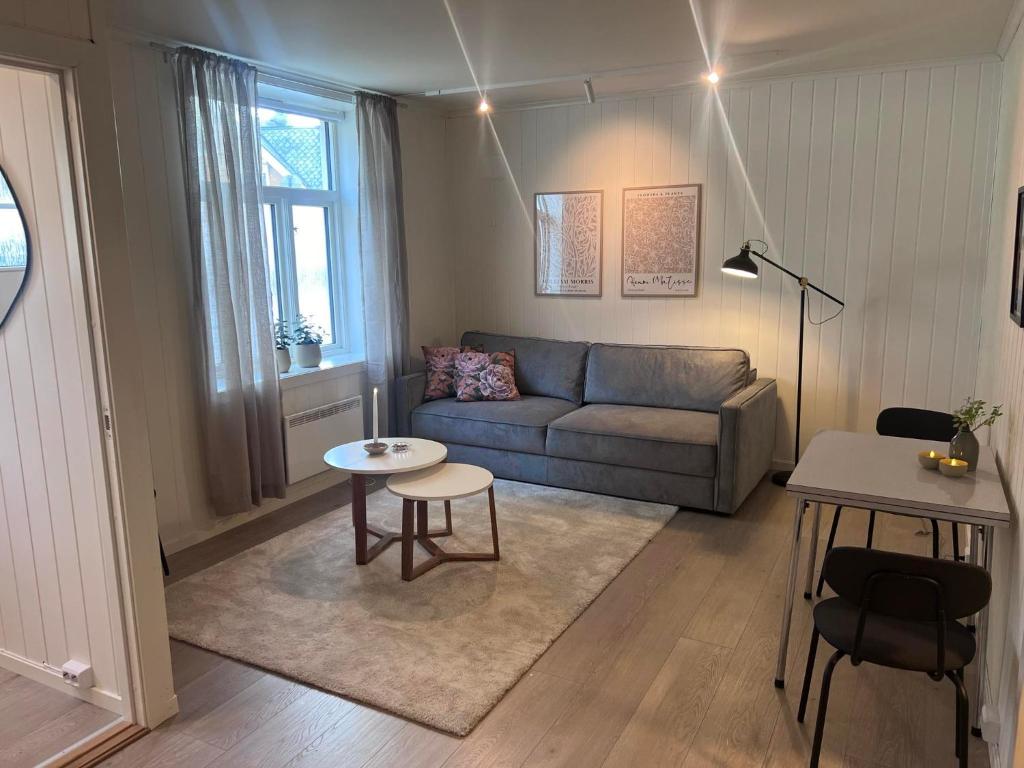 a living room with a couch and a table at Koselig leilighet i Ålesund sentrum in Ålesund