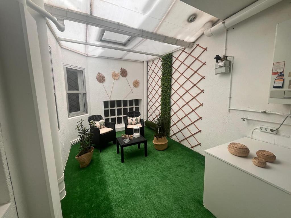 ルーゴにあるLa casa de Elena con terraza en el centroの緑の床とキッチンのあるリビングルーム
