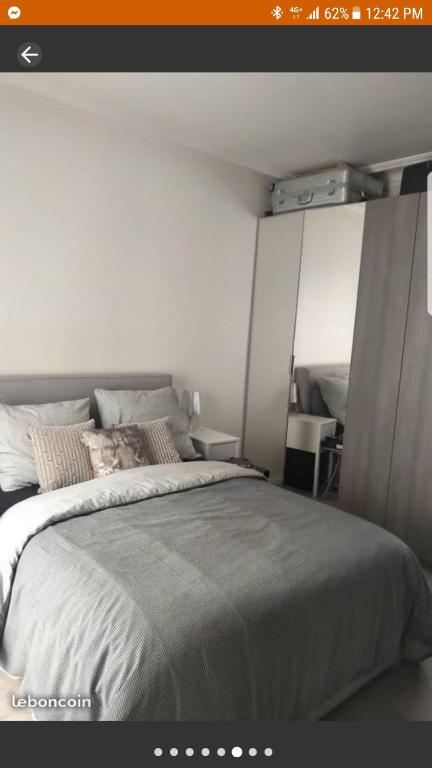 une chambre avec un grand lit dans une pièce dans l'établissement Appartement près de Rolland Garros et le parc des Princes, à Paris