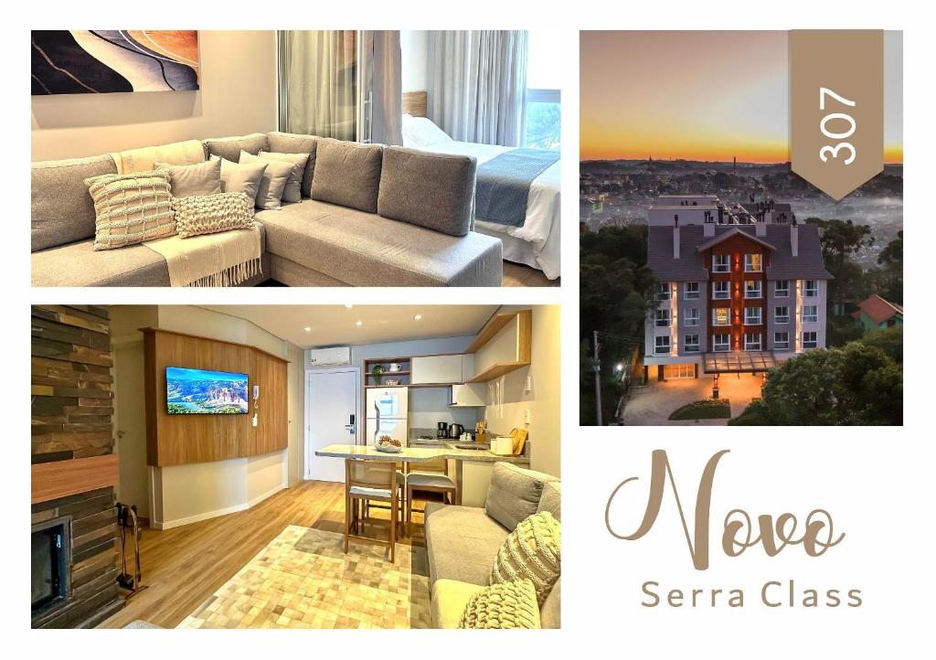 een collage van foto's van een woonkamer en een slaapkamer bij Luxuoso Studio no Serra Class (307) in Canela