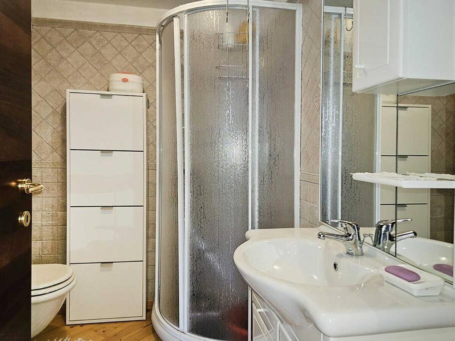 a bathroom with a shower and a sink and a toilet at La Bombetta Gialla di Elisa e Marco in Morgex