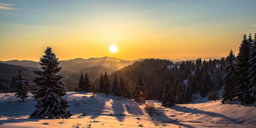 um pôr-do-sol numa montanha coberta de neve com árvores em Amampuri Village em Pamporovo