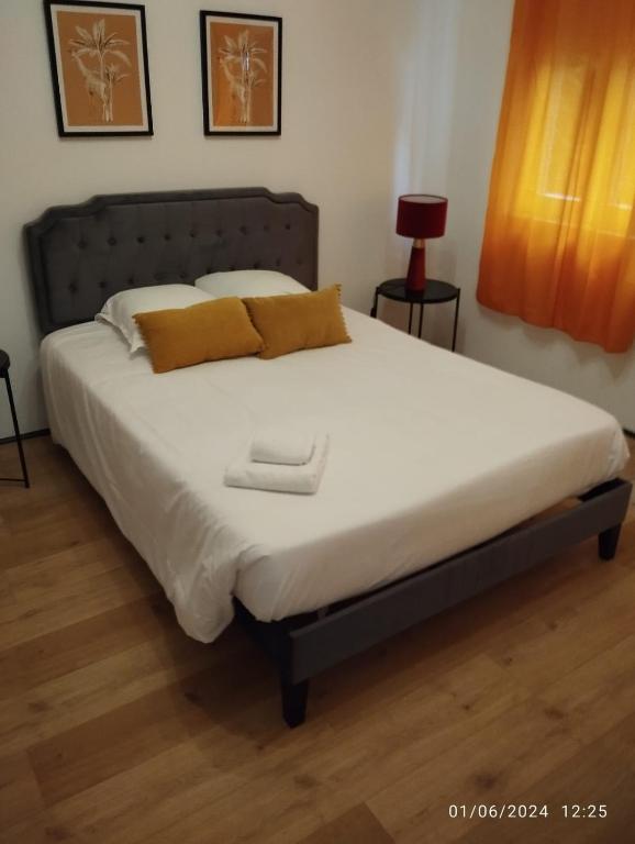 un lit avec deux oreillers dessus dans une chambre dans l'établissement Sainte Cécile 1- Appartement spacieux et lumineux, à Vichy