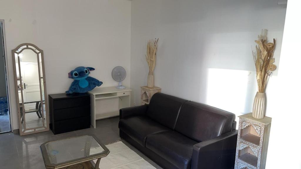 - un salon avec un canapé noir et un miroir dans l'établissement Studio à 2 arrêt de Paris, à Pierrefitte-sur-Seine