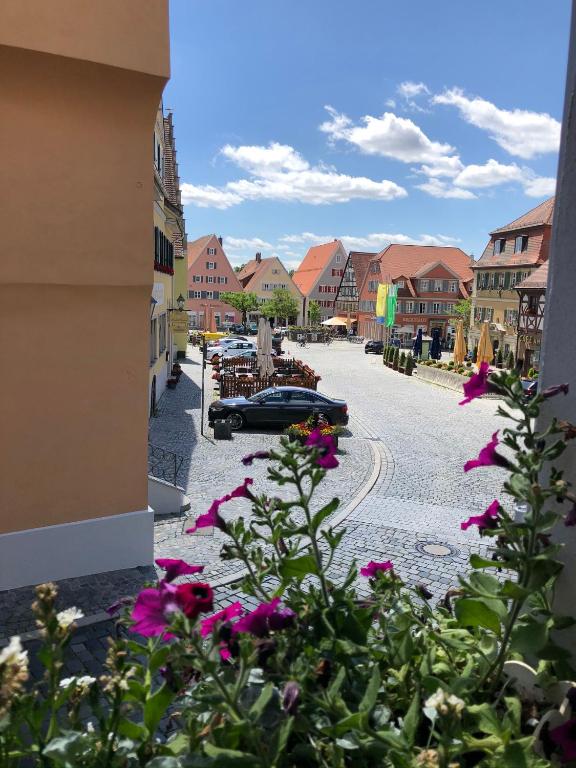 a view of a street with purple flowers and a car at Altstadthaus im Herzen Feuchtwangens in Feuchtwangen