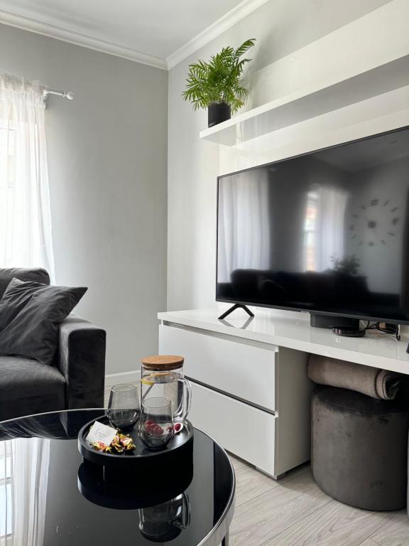 a living room with a tv and a coffee table at Brother street apartment in Liepāja