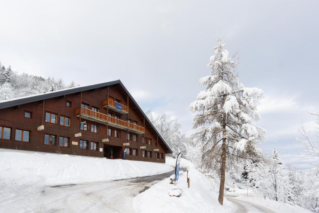 a building with a snow covered tree in front of it at Auberge de jeunesse HI Valmeinier in Valmeinier