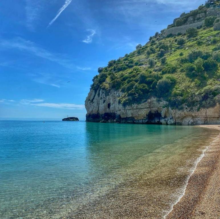a beach in front of a mountain with blue water at Agriturismo Antichi Ulivi in Mattinata