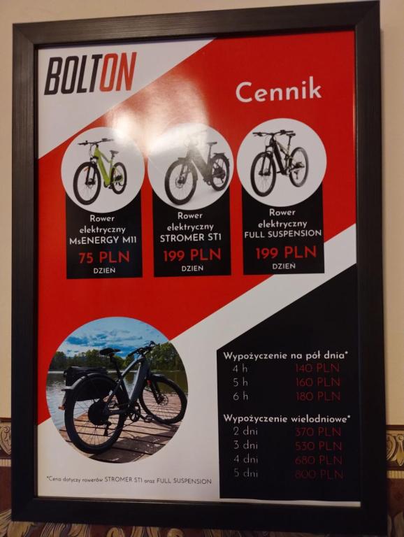 Framed red poster advertising electric bike rentals with images and Polish price list.