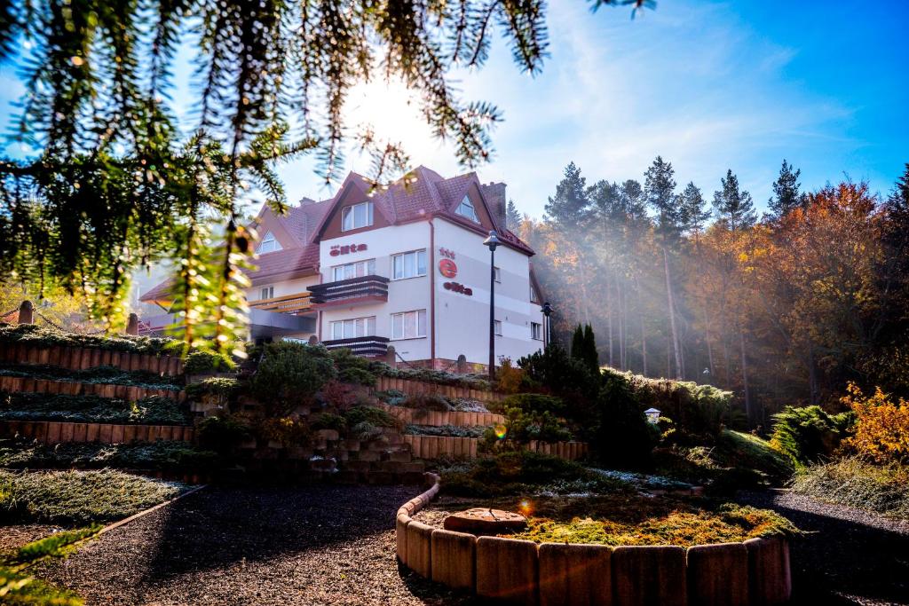 a large white house with a garden in front of it at Elita Hotel & Restauracja in Iwonicz-Zdrój