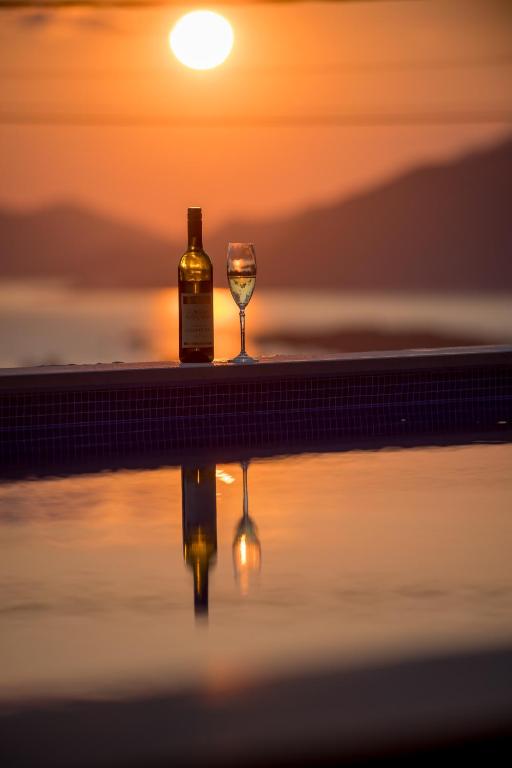 a bottle of wine and a glass sitting next to a pool at Apartment Macic Dub II in Kotor