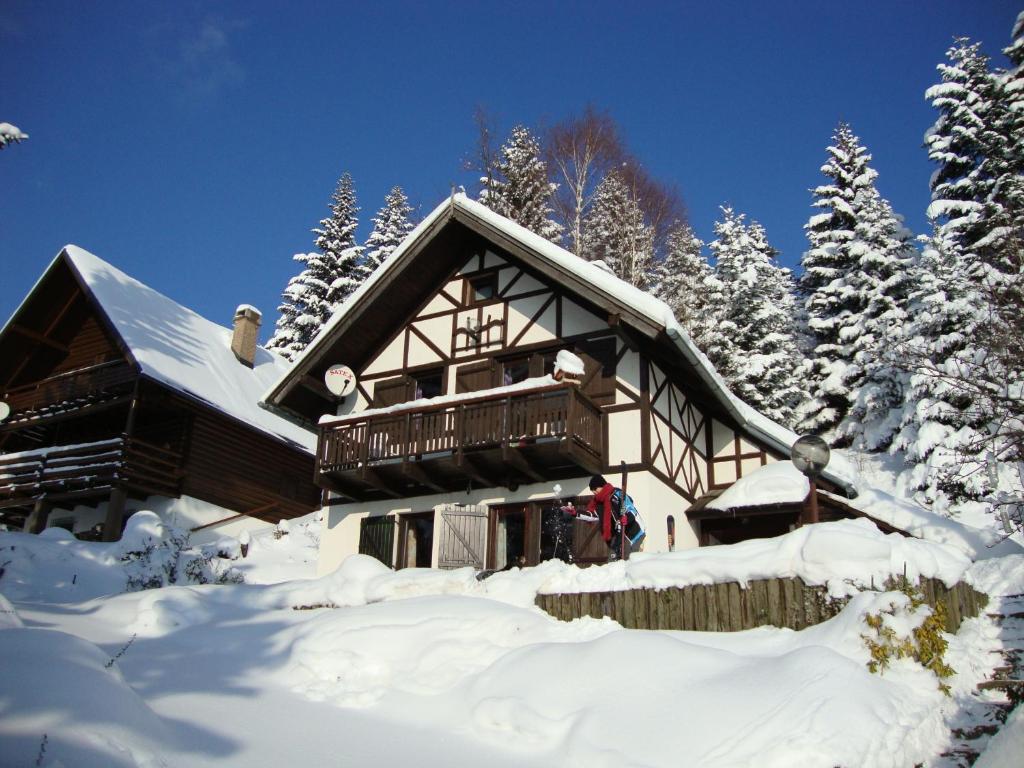 una cabaña de madera en la nieve con árboles en Holiday Home Tone, en Frajhajm