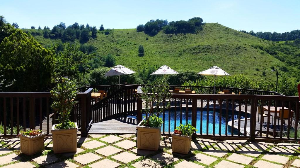 a pool with umbrellas and potted plants on a deck at Granny Mouse Country House & Spa in Balgowan