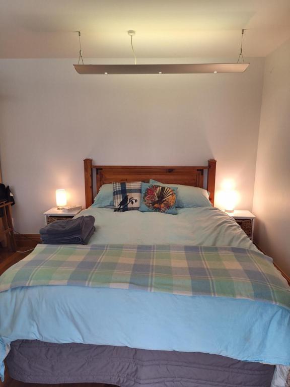 une chambre avec un grand lit avec deux lampes dans l'établissement Hansen Park Guest Cottage, à Christchurch