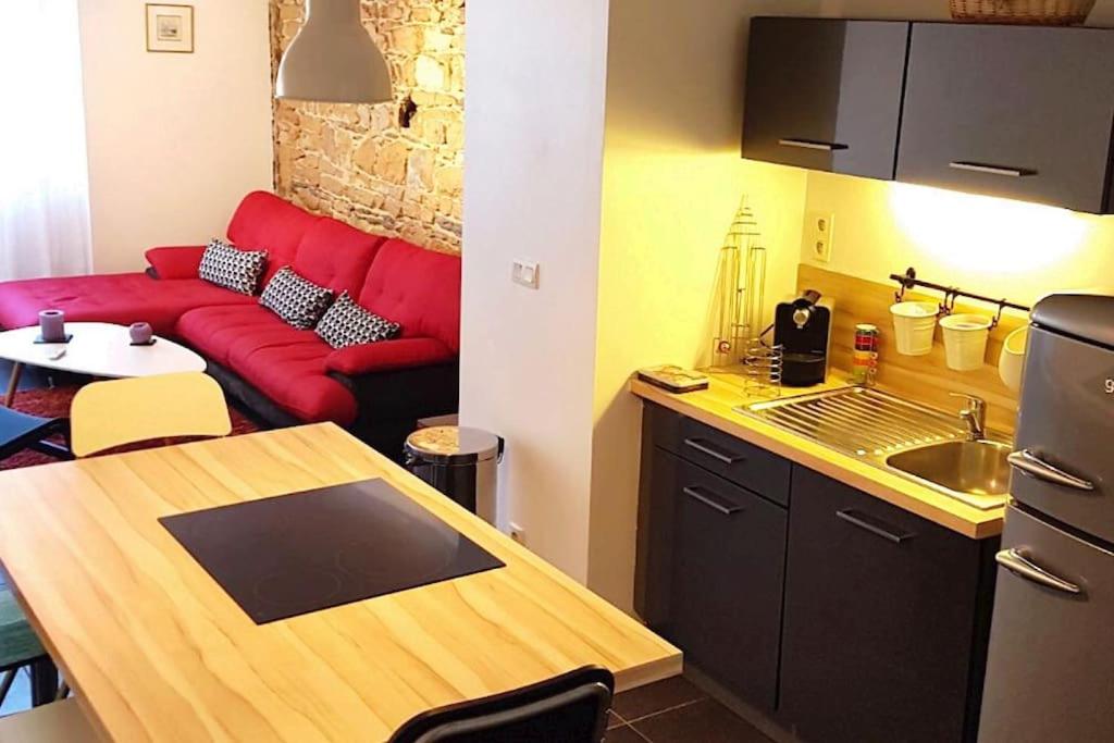 Il comprend une cuisine et un salon avec un canapé rouge. dans l'établissement Superbe duplex, Pentes Croix-Rousse, Lyon 4ème, à Lyon