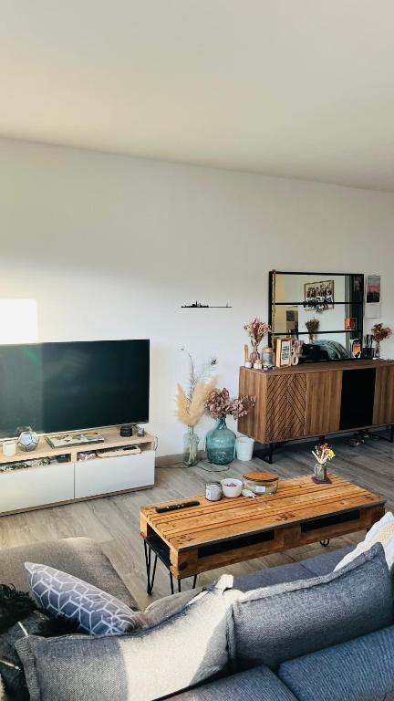 un salon avec un canapé et une table basse dans l'établissement Appartement Perpignan proche plage et ville, à Perpignan