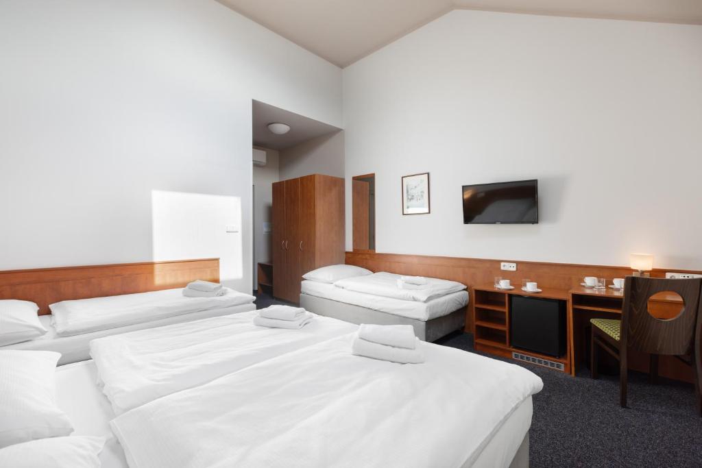 pokój hotelowy z 3 łóżkami i telewizorem w obiekcie Hotel Beránek w Pradze