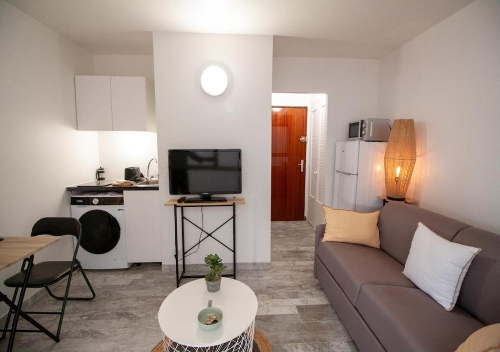 Il comprend un salon doté d'un canapé et d'une télévision. dans l'établissement Stylish Studio with Pool 500 meters to the Beach, à Antibes