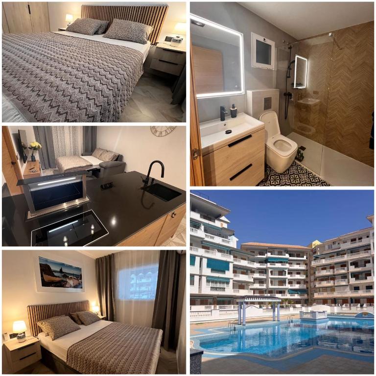 a collage of four pictures of a hotel room at Apartment Holiday La Mata in La Mata