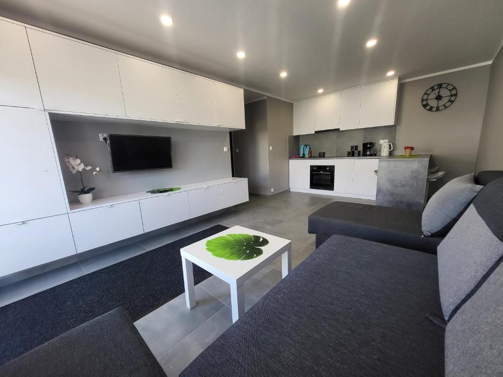 a living room with a couch and a table at Apartamenty Kacper Grzybowo in Grzybowo