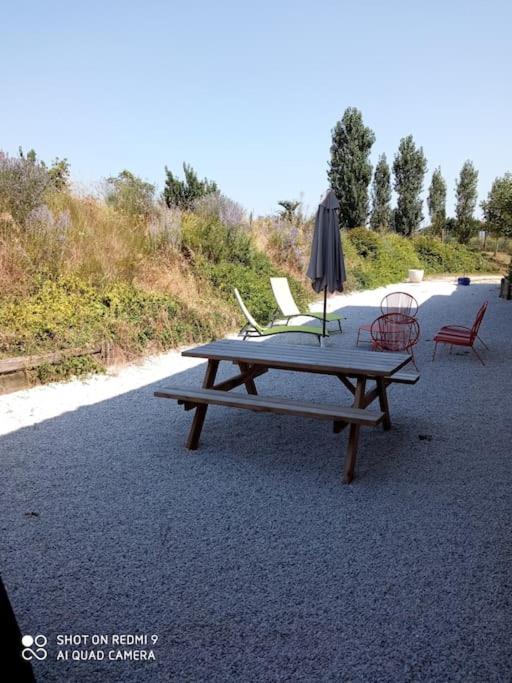 - une table de pique-nique avec 2 chaises et un parasol dans l'établissement Maison Lauraguaise parking grand jardin wifi, à Villenouvelle