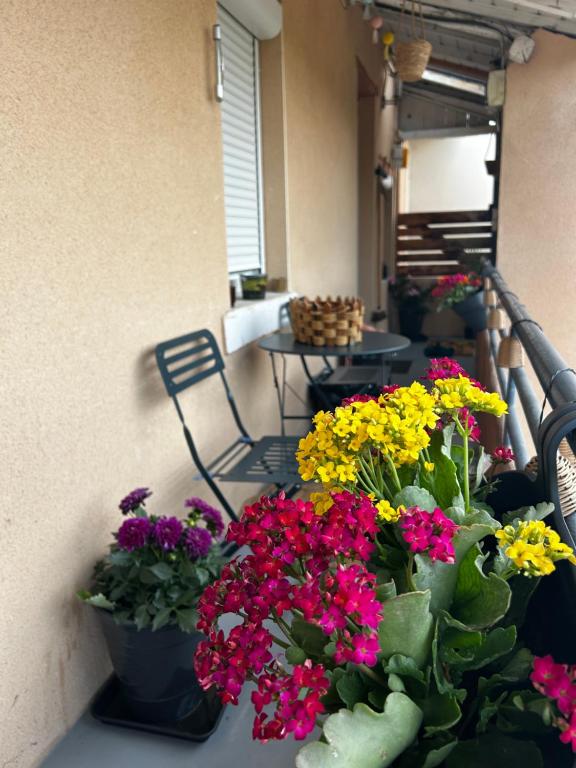 Un balcón con un ramo de flores y una silla. en Appartement de charme 80m2, en Givors
