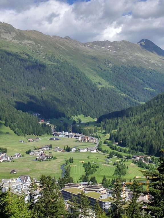 a town in a green field with mountains in the background at Davos - Cozy Escape - Mountain Rentals in Davos