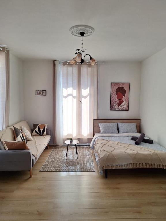 salon z 2 łóżkami i kanapą w obiekcie Les appartements du village w Nancy