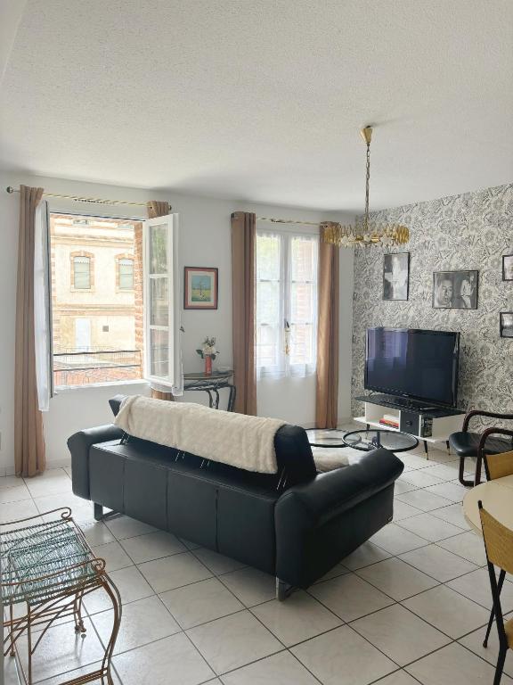 un salon avec un canapé et une télévision dans l'établissement Appartement hypercentre avec parking, à Albi