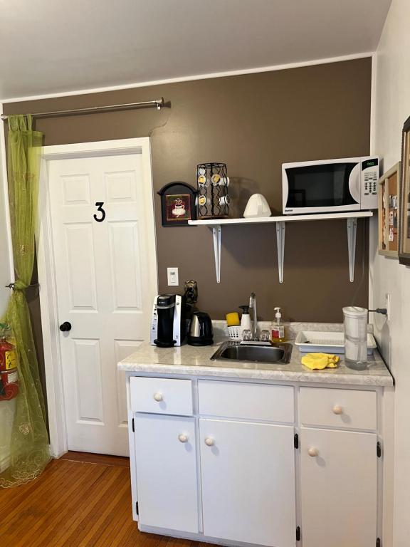 a kitchen with a sink and a microwave at Cozy House B&B in Niagara Falls