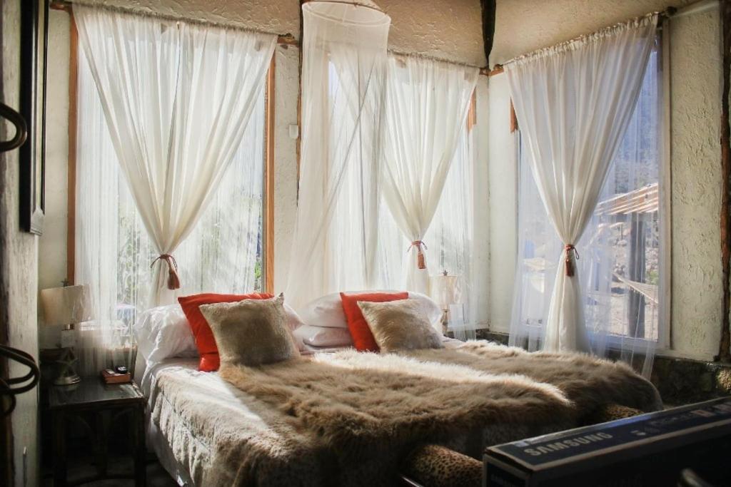 Un dormitorio con una cama grande frente a una ventana. en Lluvia's Place, en Ensenada