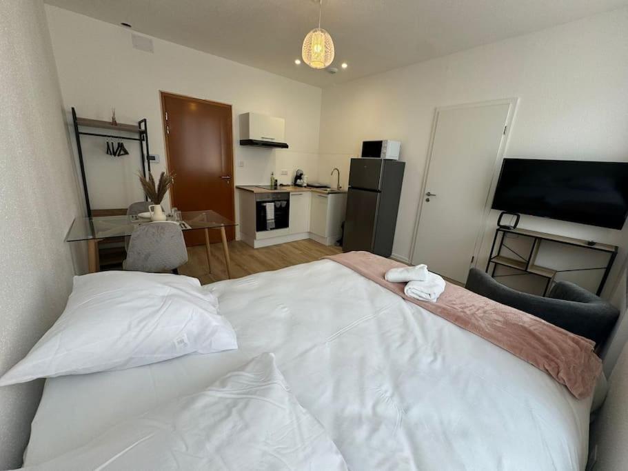 une chambre avec un grand lit blanc et une cuisine dans l'établissement Le studio Champêtre, à Mulhouse