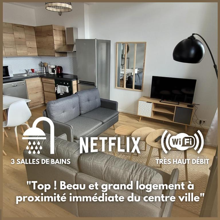 Televízia a/alebo spoločenská miestnosť v ubytovaní Bel Appart' 3 chambres 3 Sdb au centre-ville St Etienne