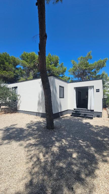 a white building with a tree in front of it at Premium mobile home FJAKA - Oaza Mira Camping Croatia in Drage