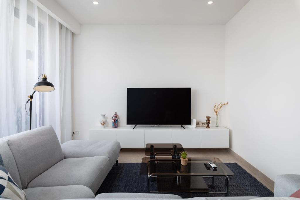 TV a/nebo společenská místnost v ubytování Modern 1BR Spacious Apartment with Terrace - Close to St Thomas Bay