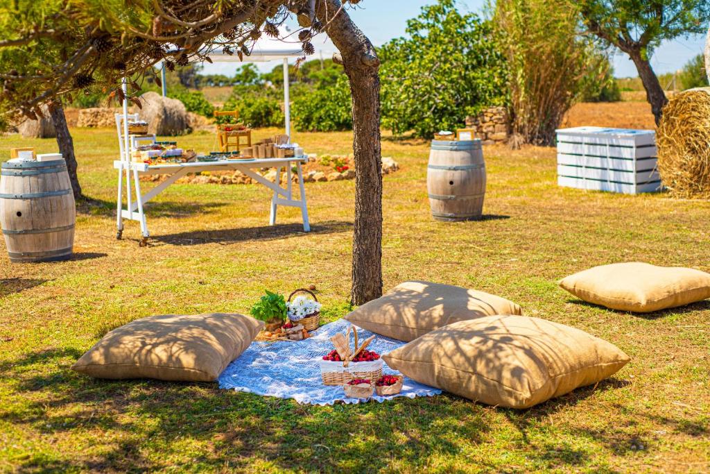 a group of pillows on a blanket under a tree at Pietrablu Resort & Spa - CDSHotels in Polignano a Mare