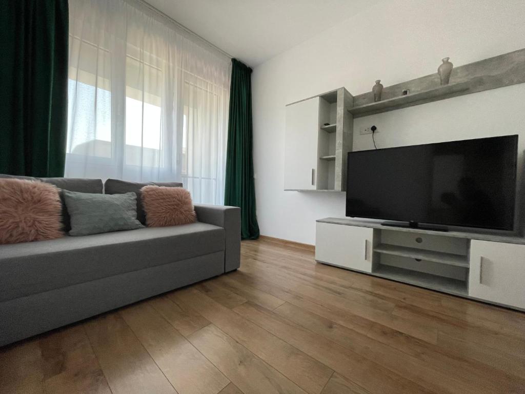 a living room with a couch and a flat screen tv at 2 Rooms Apartament Q Residence in Iaşi