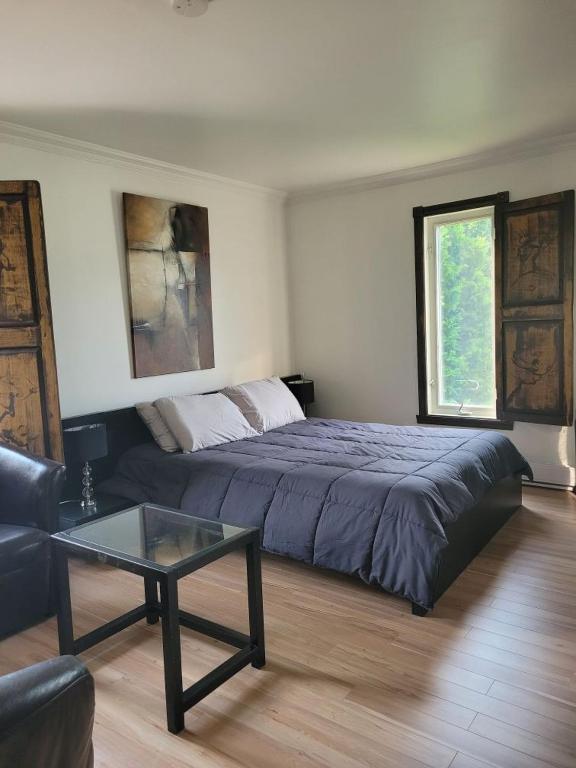 Postel nebo postele na pokoji v ubytování Le petit Manoir Spa et Vue sur rivière St Maurice