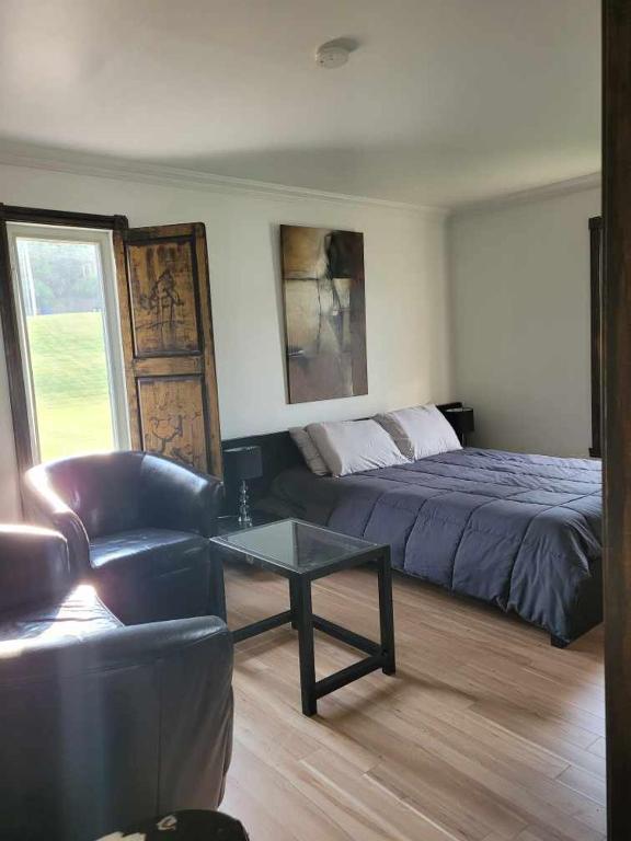 Postel nebo postele na pokoji v ubytování Le petit Manoir Spa et Vue sur rivière St Maurice