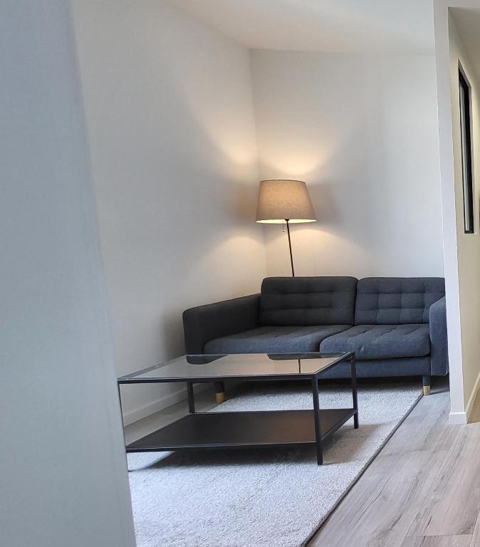 un salon avec un canapé bleu et une table dans l'établissement Appartement lumineux 2 chambres, à Colmar