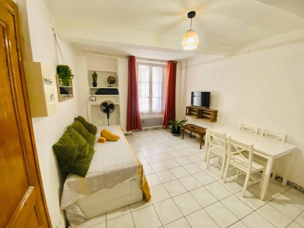 un salon avec un canapé et une table dans l'établissement 1-Centre-ville studio 25m2 BOX A BAGAGES GRATUITS, à Carcassonne